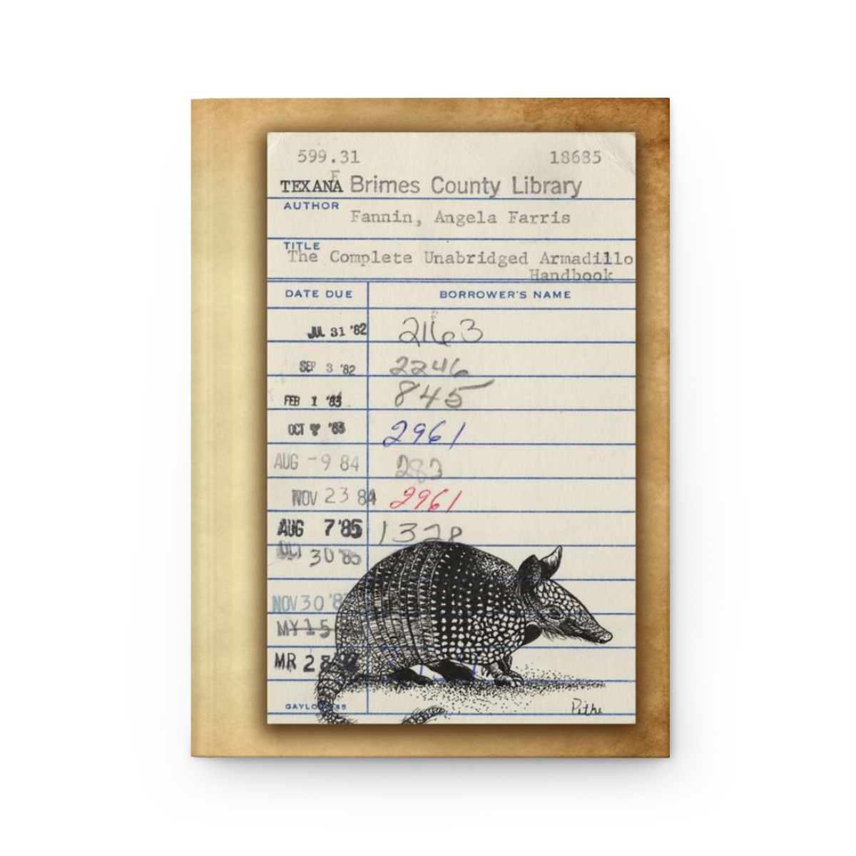 Heid Pitre writing journal with an old library borrowers card on the cover of an armadillo for book lovers and librarians.