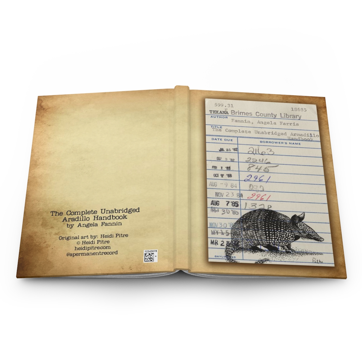 Heid Pitre writing journal with an old library borrowers card on the cover for book lovers and librarians.