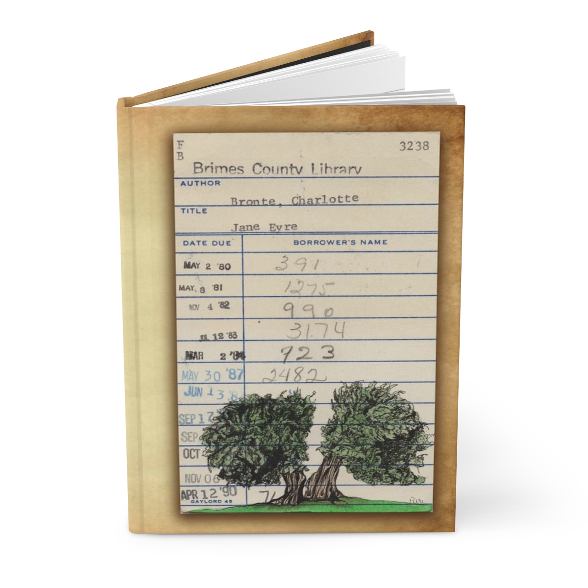 Heid Pitre writing journal with an old library borrowers card on the cover of a tree from Jane Eyre for book lovers and librarians.