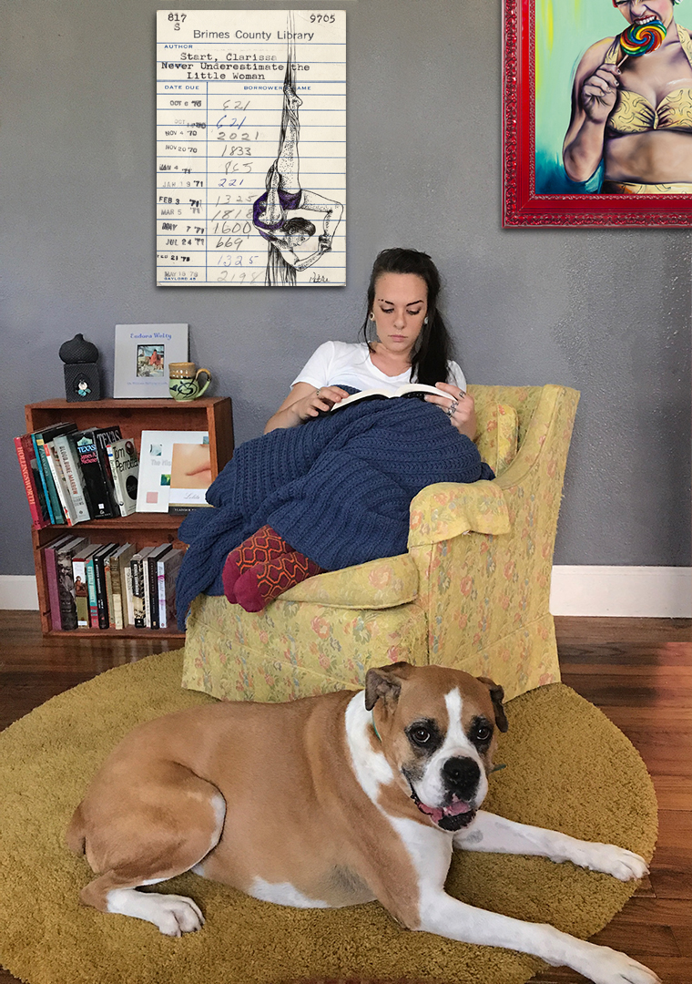 Heidi Pitre pen and ink and watercolor drawing of an aerialist on an oversized canvas print on a library borrower card.