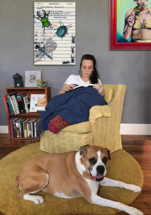 Heidi Pitre pen and ink and watercolor drawing of a bugs on an oversized canvas print of a vintage library card.