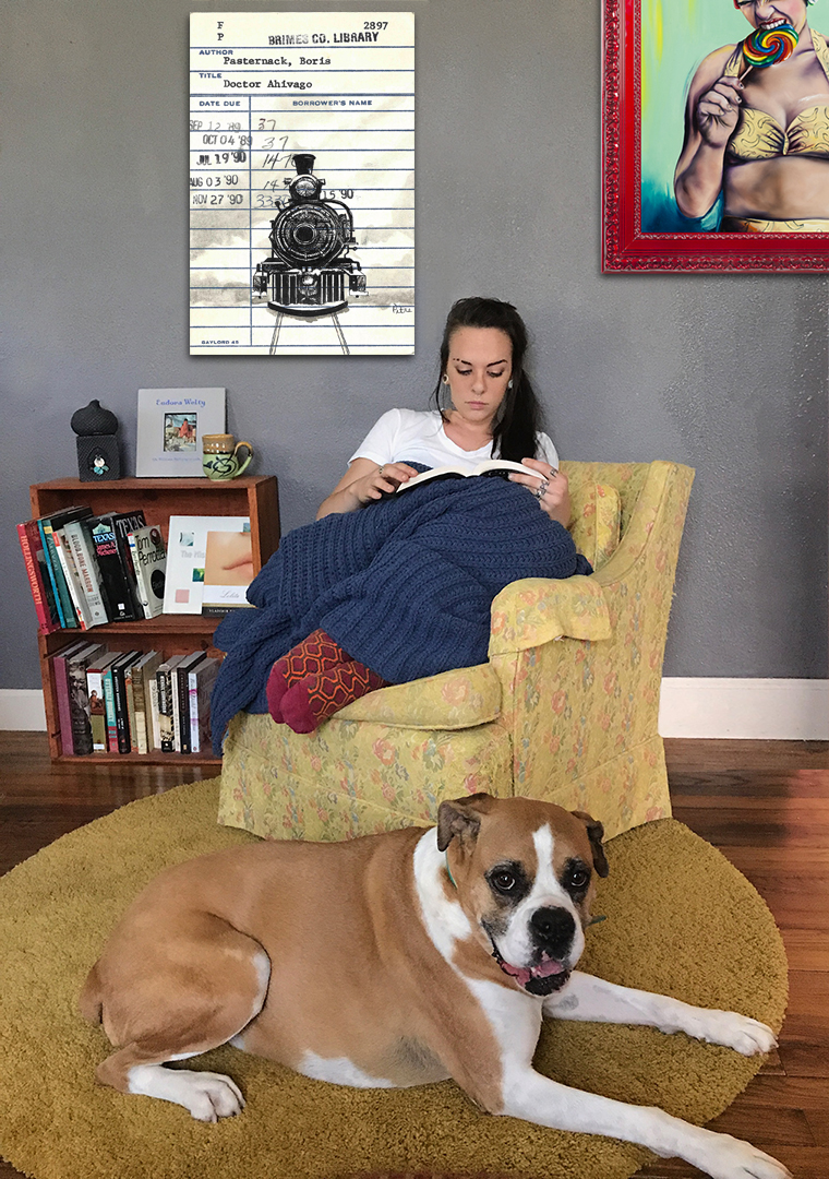 Heidi Pitre illustration of a train in the snow from Dr. Zhivago in pen and ink on an oversized canvas print.