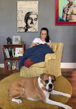 Heidi Pitre illustration of a Faulkner in pen and ink on an oversized canvas print.