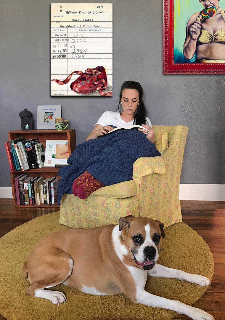 Heidi Pitre illustration of a red shoe in pen and ink and watercolor on an oversized canvas print from the hunchback of Notre dame