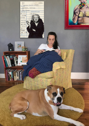 Heidi Pitre illustration of Lillian Helman in pen and ink on an oversized canvas print.