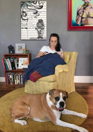 Heidi Pitre illustration of an octopus and sea diver in pen and ink and watercolor on an oversized canvas print from Mysterious Island.