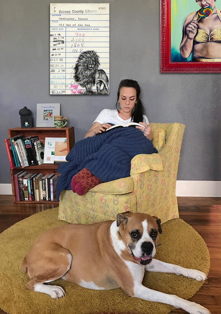 Heidi Pitre illustration of a lion in pen and ink on an oversized canvas print from the old man and the sea.