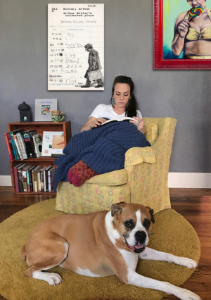 Heidi Pitre illustration of a salesman with a briefcase in pen and ink on an oversized canvas print from death of a salesman.