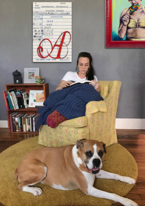 Heidi Pitre illustration of a red capital a in pen and ink and watercolor on an oversized canvas print from the scarlet letter.