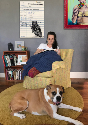 Heidi Pitre pen and ink drawing of a bear on a motorcycle from John Irving's hotel New Hampshire vintage library borrowers card.