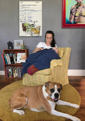 Heidi Pitre illustration of cocktails in a rocking chair in pen and ink and watercolor on an oversized canvas print by t s Elliot.