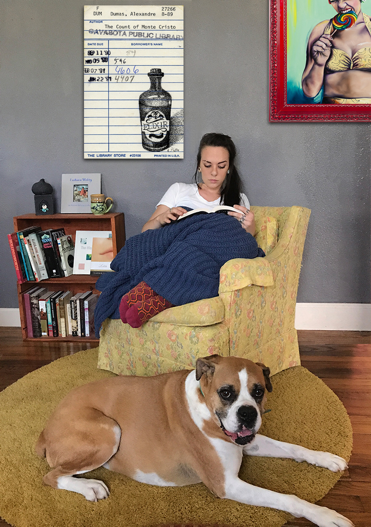 Heidi Pitre illustration of Elixir from the count of monte Cristo in a rocking chair in pen and ink and watercolor on an oversized canvas print.