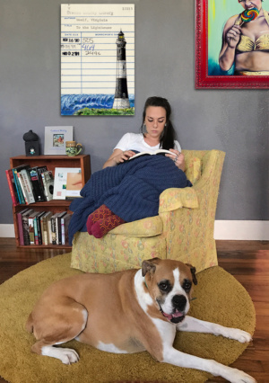 Heidi Pitre illustration of a lighthouse in pen and ink and watercolor on an oversized canvas print from to the lighthouse.