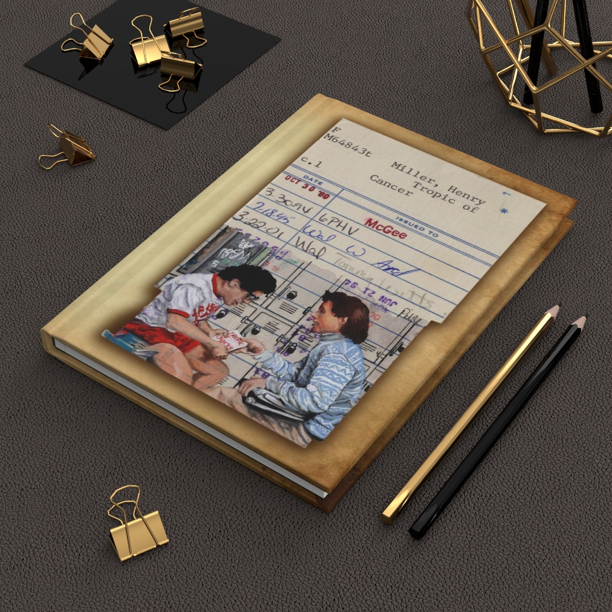 Heid Pitre writing journal with an old library borrowers card on the cover for book lovers and librarians.