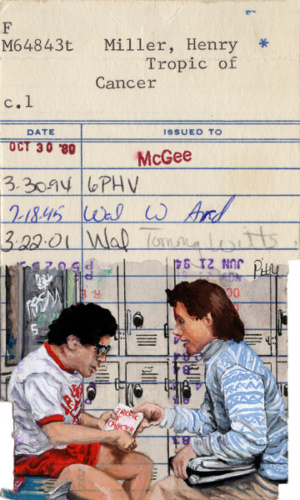 Heid Pitre illustration of Seinfeld and George on an old library borrowers card ephemera.