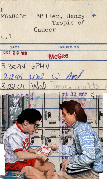 Heid Pitre illustration of Seinfeld and George on an old library borrowers card ephemera.