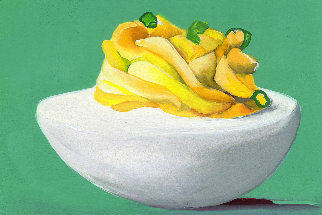 Heidi Pitre gouache painting on paper of a deviled egg with a green background.