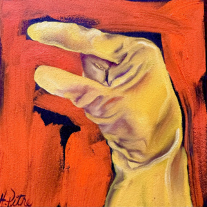Heidi Pitre oil painting on panel of a yellow rubber glove, making a small symbol with a orange background.