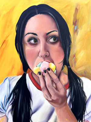 Heidi Pitre oil painting on panel of a girl with black hair in pigtails shoving multicolored marshmallows in her mouth, wearing a ringer t shirt.