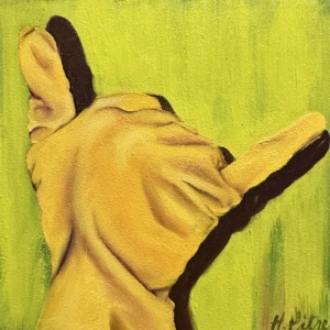Heidi Pitre oil painting on panel of a yellow rubber glove, giving a hang ten with a green background.