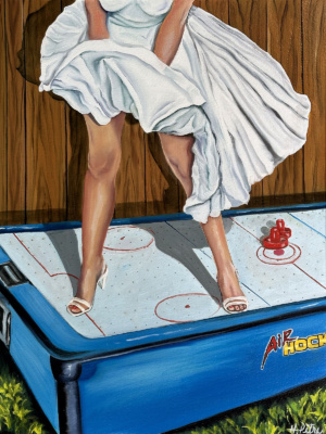 Heidi Pitre oil painting on Stonehenge paper of Marilyn Monroe from the seven year itch standing on an air hockey machine in front of wood panelling.