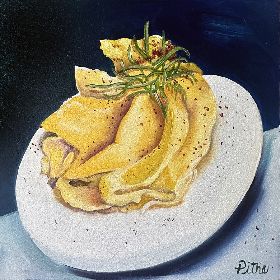 Heidi Pitre oil painting on panel of a deviled egg on a dark blue background.