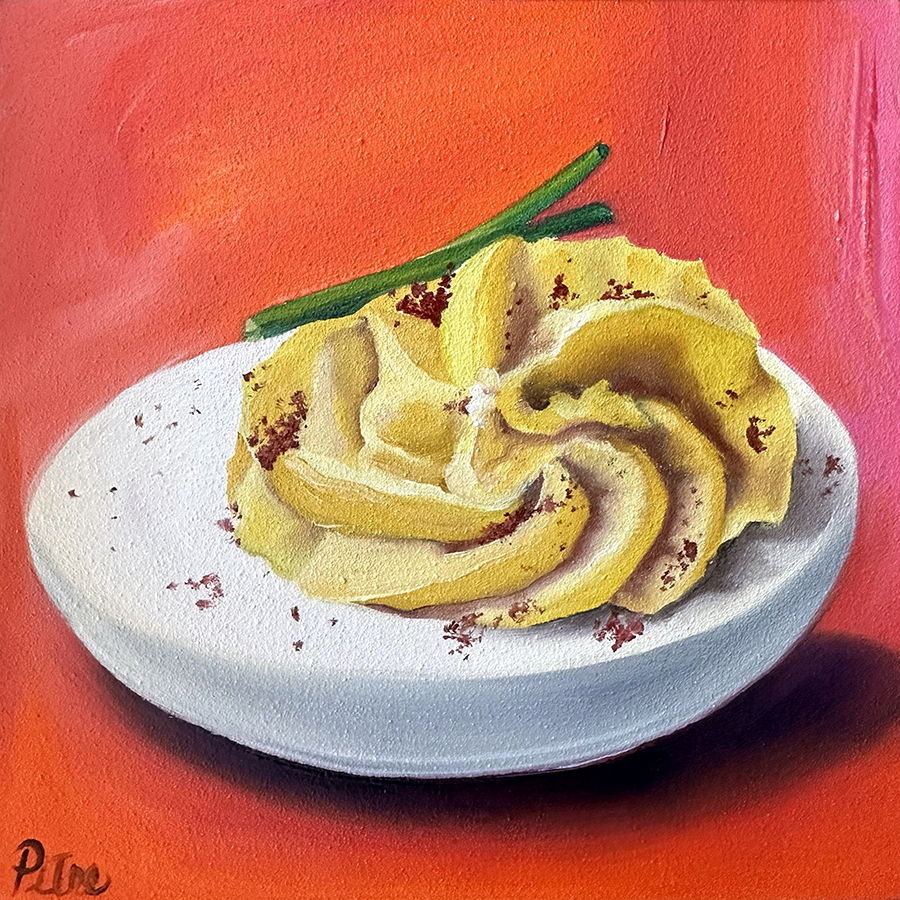 Heidi Pitre oil painting on panel of a deviled egg on a pink and orange background.