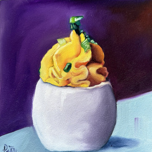 Heidi Pitre oil painting on panel of a deviled egg on a purple and blue background.