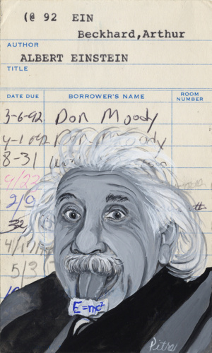Library card art of Albert Einstein painted in gouache for book lovers and librarians.