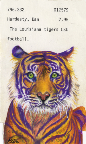 Library card art of an LSU Football Tiger painted in gouache for book lovers and librarians.