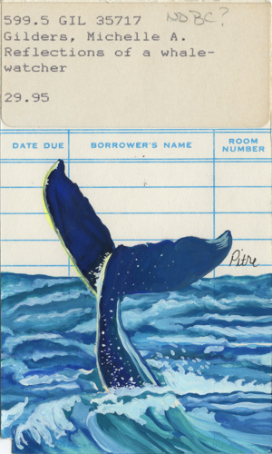 Library card art of a whale painted in gouache for book lovers and librarians.