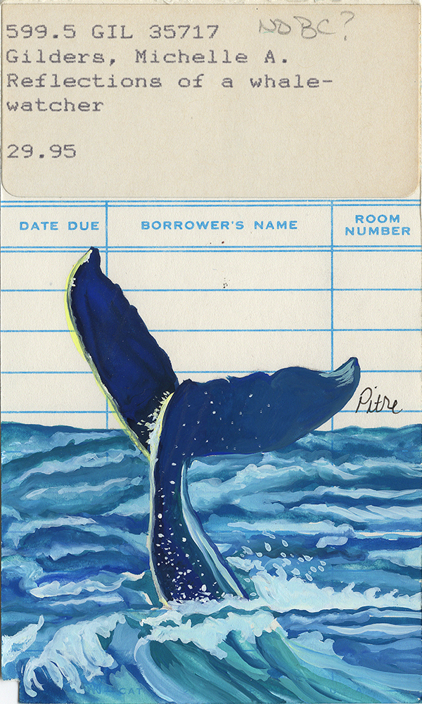 Library card art of a whale painted in gouache for book lovers and librarians.