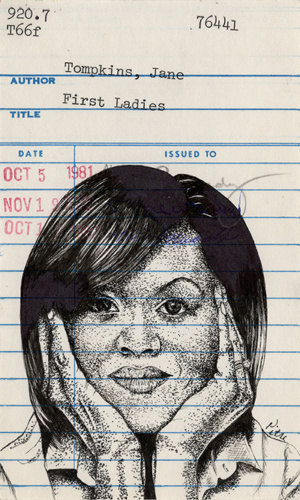 Heidi Pitre drawing in pen and ink Michelle Obama on vintage library card. gifts for librarians and book lovers.