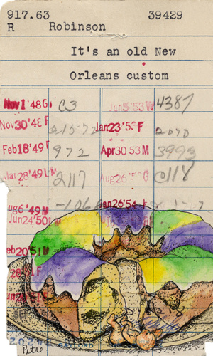 Heidi Pitre illustrates king cake in pen and ink and watercolor on vintage library card gifts for librarians, New Orleans and book lovers