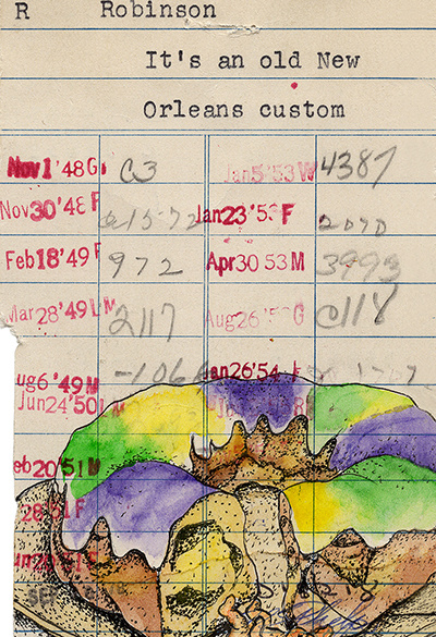 “King Cake” Upcycled Library Card Print