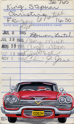 Heidi Pitre illustration of a Plymouth on Christine by Stephen King painted on vintage library borrower card.