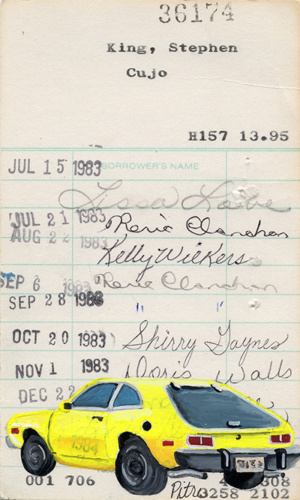 Heidi Pitre illustration of a Pacer on Cujo by Stephen King painted on vintage library borrower card.