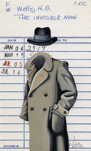 Heidi Pitre illustration of The Invisible Man by H. G. Wells painted on vintage library borrower card.