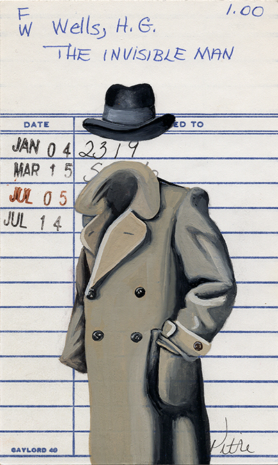 Heidi Pitre illustration of The Invisible Man by H. G. Wells painted on vintage library borrower card.