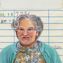 Heidi Pitre illustration of Mrs. Doubtfire by Anne Fine on vintage library card.