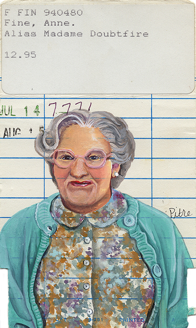 Heidi Pitre illustration of Mrs. Doubtfire by Anne Fine on vintage library card.