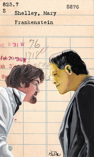 Heidi Pitre illustration of Frankenstein on vintage library card.