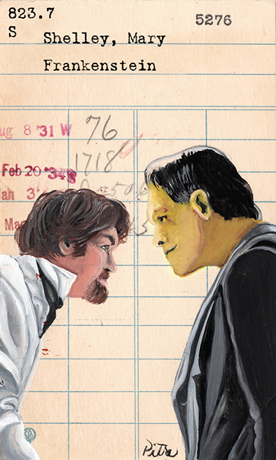Heidi Pitre illustration of Frankenstein on vintage library card.