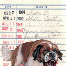 Heidi Pitre illustration of a Saint Bernard on Cujo by Stephen King painted on vintage library borrower card.
