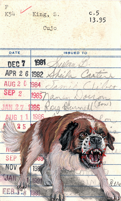 Heidi Pitre illustration of a Saint Bernard on Cujo by Stephen King painted on vintage library borrower card.