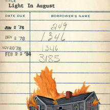 Heidi Pitre illustrates William Faulkner on vintage library card for Mississippi literature. southern lit