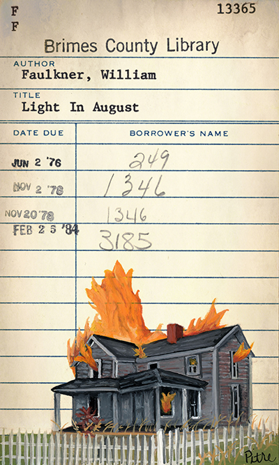 Heidi Pitre illustrates William Faulkner on vintage library card for Mississippi literature. southern lit