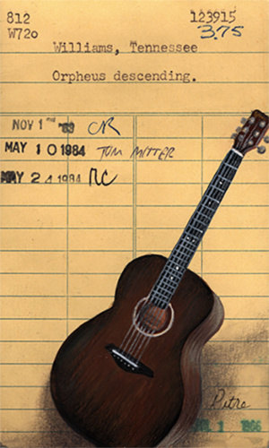 Heidi Pitre illustration of Orpheus Decending on vintage library card.