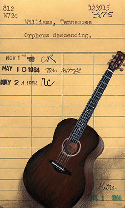 Heidi Pitre illustration of Orpheus Decending on vintage library card.