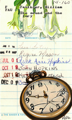 Heidi Pitre illustrates William Faulkner on vintage library card for Mississippi literature. southern lit